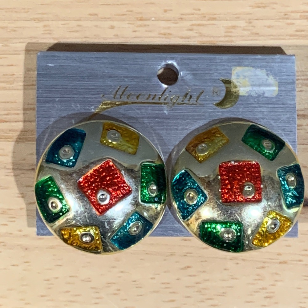Moonlight Clip On Earrings Women Geometric Gold Tone 80s Retro Mosaic Christmas